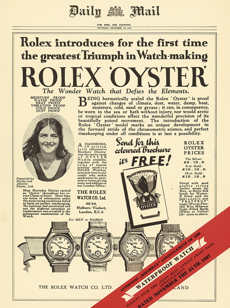 1927 Daily Mail advertisement for the Rolex Oyster and Mercedes Gleitze’s Channel swim